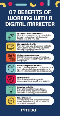 the 7 benefits of working with a digital marketer info graphic by mjsd