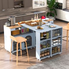 a kitchen island with two stools in front of it and shelves full of food