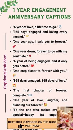 an advertisement for a wedding anniversary card with the words, 1 year engagement anniversary captions