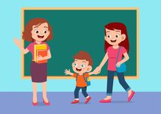 a woman and two children standing in front of a blackboard