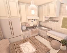 a 3d image of a kitchen with white cabinets