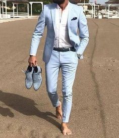 Tuxedo For Wedding, Blue Linen Suit, Sky Blue Suit, Beach Wedding Groom, Summer Wedding Suits, Light Blue Suit, Linen Wedding, Blue Suit Men