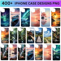 phone cases with the image of boats on water and an auroral sky in the background