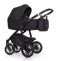 the baby stroller is shown in grey and black