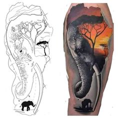 an elephant and tree tattoo on the left arm, with another drawing in the background