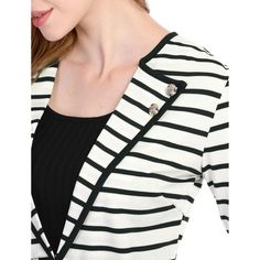 A striped blazer features a decorative notched lapel with buttons embellished, long sleeves, and a hook eye closure. This blazer is comfortable and soft, and it's not too thick and will be great in the fall as well. This blazer can be dressed up for any occasion from casual to formal. It goes well with slim-leg jeans and boots. Lightweight, you can wear it in cool weather or in the office. Striped Long Sleeve Blazer With Double Button Closure, Striped Long Sleeve Blazer With Button Closure, Striped Button-up Blazer For Work, Striped Blazer With Button Closure For Business Casual, Striped Business Casual Blazer With Button Closure, Striped Outerwear With Buttons For Office, Striped Blazer With Buttons, Elegant Striped Blazer With Buttons, White Striped Blazer Outfit