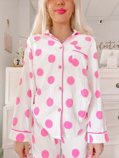 ** RUNS SMALL ** Our bestselling Smiley Dreams set is now available IN PINK! This Sassy Shortcake exclusive set is a pink soft button up smiley face top and pants gauze pajama set. Perfect for lounging and lazy days. fit: these RUN SMALL - size up 1 size more than your normal model normally wears a small and is wearing a medium in this photo short sleeve top and shorts can be found here also available in yellow Fun Long Sleeve Sleepwear For Pajama Party, Pink Relaxed Fit Pajama Party Set, Pink Summer Sleepwear For Overnight, Pink Relaxed Fit Set For Pajama Party, Pink Relaxed Fit Sleepwear For Pajama Party, Playful Pink Sleepwear With Relaxed Fit, Playful Pink Relaxed Fit Sleepwear, Playful Pink Lounge Set, Pink Relaxed Fit Sleepwear For Sleepover