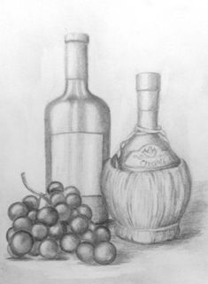 a drawing of a bottle and some grapes