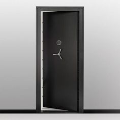 an open black door with a clock on the front and side panel is shown in this image