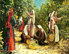 an oil painting of women picking oranges from trees