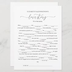 a wedding vows card with the words love story written in cursive writing on it