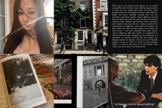 a collage of photos with people in the background and an open book on the ground