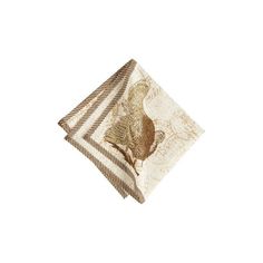 a brown and white striped napkin with an image of a bird on it's side