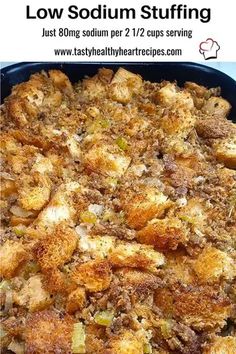 a casserole dish is shown with the words low soum stuffing on it