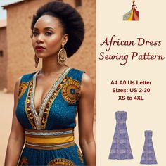 African Dress sewing pattern available as an instant download (pdf) sewing pattern bundle with a range of size options: US Sizes: 2, 4, 6, 8, 10, 12, 14, 16, 18, 20, 22, 24, 26, 28, 30 Standard Sizes: XS, S, M, L, XL, 2XL, 3XL, 4XL These patterns are suitable for A4, A0, and US Letter size papers. As soon as your payment is processed, you will automatically receive download links for the pattern files. This is a digital product and not a finished item. You will receive zip files containing the patterns and sewing instructions. If you have any questions, do no hesitate to contact! African Dress Patterns For Sewing, Chitenge Dresses Pattern, Traditional Dress African, Chitenge Dresses, African Dress Patterns, African Party Dresses, African Prom Dresses, Dress Traditional, Ankara Gown