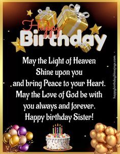 a birthday card with presents and balloons on the table in front of it, says may the light of heaven shine upon you and bring peace to your heart