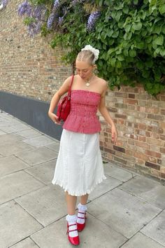 White Dress And Red Shoes, Red White And Pink Outfit, Pink Red White Outfit, Girlcore Fashion, Red Shoes Outfit Aesthetic, German Summer Outfits, Red And White Aesthetic Outfit, Picnic Outfits Aesthetic, Red And White Outfit Aesthetic