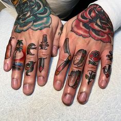 two hands with different tattoos on them