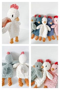 crocheted stuffed animals are shown in four different pictures, one with a chicken and the other without