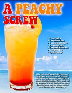 a poster advertising a peachy screw cocktail on the beach with an orange slice in it