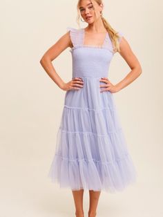 Fiori Short Blue Tulle Tiered Midi Dress Cinderella Story Dress, Ruffle Tiered Dress, Romantic Aesthetic, Formal Fashion, Mesh Maxi Dress, Ruffle Midi Dress, Blue Tulle, Mauve Dress, Usa Dresses