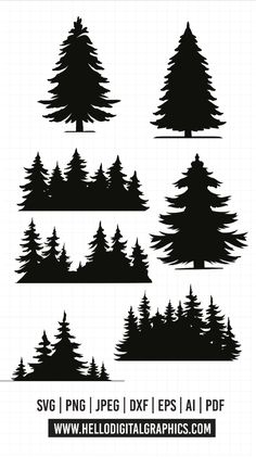 the silhouettes of pine trees are shown in different styles and sizes, including black on white