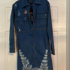 High Quality And Stylish Denim Dress. Fall Blue Denim Dress, Blue Denim Dress With Frayed Hem For Fall, Casual Distressed Denim Dress, Casual Distressed Denim Blue Dress, Long Sleeve Dark Wash Denim Dress With Frayed Hem, Distressed Medium Wash Denim Dress, Fitted Long Sleeve Denim Dress With Frayed Hem, Cheap Dark Wash Button-up Denim Dress, Plt Dresses