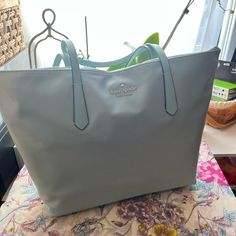 Kate Spade Large Tote Bag In Aphrodite Green 10.8”H X 17.3”W X 5.6”D Handle Drop 11” Nylon Smooth Pvc Trim Metal Pinmount Logo Two Way Jacquard Lining Interior: Back Zip & Front Slip Pockets Zip Top Closure Kate Spade Shoulder Bag With Leather Handles For Travel, Kate Spade Shoulder Bag For Travel With Dust Bag, Kate Spade Purse Pink, Rose Tote Bag, Pvc Trim, Canvas Leather Tote, Laptop Tote Bag, Black Leather Tote Bag, Kate Spade Totes