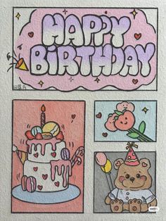 a birthday card with an image of a teddy bear and cake