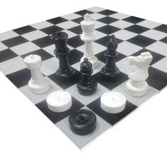 a black and white chess board with pieces on it