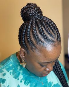 Up-Swept Goddess Braids and Ponytail Cornrows With Bun On Top, Braid Bun Black Women, Cornrows Into A Bun For Black Women, Cornrows In A Bun Updo, Cornrow Updo Ideas, Up Do Cornrow Hairstyles, Cornrow Buns For Black Hair, Braided Cornrow Hairstyles Black Women Bun Updo, Ghana Braids Hairstyles Updo