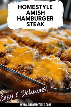 A classic Homestyle Amish Hamburger Steak Bake with savory gravy meant to serve over mashed potatoes. This comforting dish spotlights traditional Amish cooking traditions considered a family favorite. Hambermeat Dinners, Oven Baked Hamburger Patties, Amish Hamburger Steak Bake, Boiled Dinner Recipe, Baked Hamburger Patties, Dinner Hamburger Meat, Hamburger Patties Recipe, Quick Hamburger Recipes, Amish Food Recipes