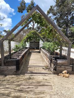 an outdoor garden area with wooden structures and plants growing in pots on either side of the walkway