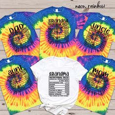 "Funny Family Matching Tie Dye Shirts,Family Nutritional Facts Shirts,Funny Mom Dad Aunt Uncle Grandma Grandpa Shirt,Family Reunion Tshirt Every shirt is unique. However; Tie-Dye shirts are always timeless. So, you are in the right place to add some color to your life. As a 'ColorMix Shirt' team, we prepare all Tie-Dye shirts for you to wear from parties to daily lives. HOW TO ORDER: 1-) Please, check and review all photos and videos. 2-) Choose your product style and color. 3-) See the size cha Cotton Graphic Print T-shirt For Family Gatherings, Graphic Print Short Sleeve Shirt For Family Gatherings, Casual Graphic Print Shirt For Family Gatherings, Family Matching Graphic Print T-shirt For Gatherings, Family Matching Graphic T-shirt, Matching Custom Print T-shirt For Family Events, Funny Family Cotton T-shirt, Custom Name Print Cotton T-shirt For Family Reunion, Cotton Graphic T-shirt For Family Reunion