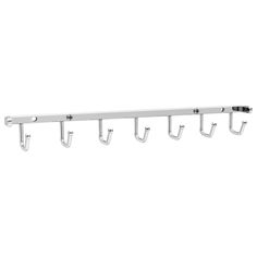 a white wall mounted shelf with four hooks on each side and one hook in the middle