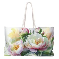 My Oversized Rope Handle Tote is perfect for a day at the beach, a weekend getaway or out on the town. The wide-mouthed, durable bag with my floral watercolor art holds a generous amount of your gear and is easily held by the thick rope handles. * All Over Print * Flat T-Bottom * Cream Colored 27" Rope Handles * Metal Grommets * Cream Sheeting Interior Lining * 24 in wide, 13 in tall, 5 in deep They are individually printed with my watercolor art using the most advanced digital printing technology. Dye-sublimation printing yields vivid and permanent images that are embedded in the fabric, rather than printed on the surface. Made of 100% Spun polyester with a 50% cotton, 50% polyester lining, this tote retains its shape and doesn't wrinkle. Summer Travel Bags With Floral Print, Summer Floral Print Travel Bags, Green Floral Print Beach Bag, Multicolor Floral Print Beach Bag For Travel, Multicolor Floral Print Beach Bag, Beach Tote Bag With Floral Print, Rectangular Floral Print Beach Bag For Travel, Floral Print Beach Tote Bag, Casual Floral Print Beach Bag For Travel