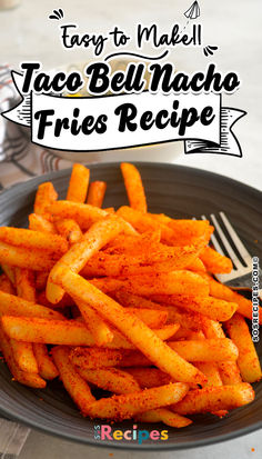 taco belli macaro fries recipe on a plate with fork and napkin in the background