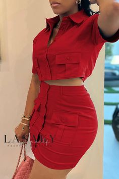 Lasaky - Stylish Short-Sleeve Two-Piece Set in Red with Patchwork Design and Buckle Detailing Knit Fabric Dress, Mode Kylie Jenner, Red Two Piece, 2piece Outfits, Chic Dress Classy, Classy Casual Outfits, Classy Casual, Latest African Fashion Dresses, Turndown Collar