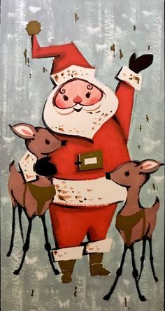 a painting of santa claus with deers