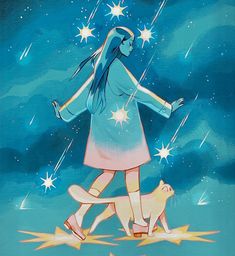 a painting of a girl and her dog walking in the rain with stars above them