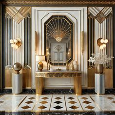 an art deco room with gold accents and marble flooring