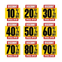 discount coup stickers are shown in red, yellow and black