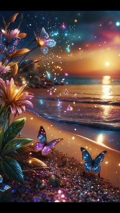 some flowers and butterflies on the beach at night with bright lights in the sky over the water