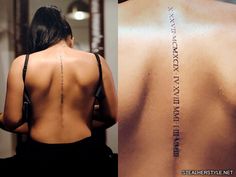 the back of a woman's upper and lower back tattoos, both with roman numerals