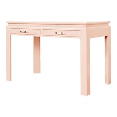 a pink desk with two drawers and one drawer on the top, against a white background