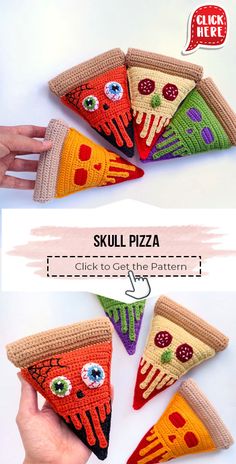 crocheted pizza slice with eyes and mouth is shown in three different sizes, including one