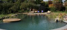 an outdoor swimming pool surrounded by landscaping and trees