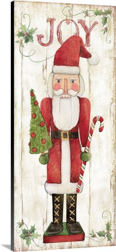 a christmas card with a santa clause holding a candy cane