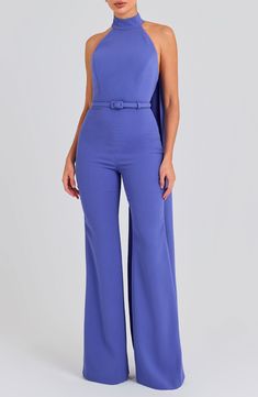 NADINE MERABI Drape Halter Neck Wide Leg Jumpsuit | Nordstrom High Neck Jumpsuit, Nadine Merabi, Black Lace Jumpsuit, Halter Neck Jumpsuit, Coverall Jumpsuit, Purple Fits, Crepe Jumpsuit, Belted Jumpsuit, Halter Jumpsuit