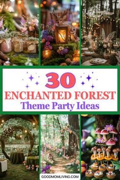 A collage of enchanting forest-themed party ideas featuring whimsical decorations, natural elements, and creative setups, showcasing 30 unique concepts for an enchanted forest celebration. Forest Party Activities, Dark Enchanted Forest Theme, Enchanted Forest Theme Birthday Party, Enchanted Forest Party Favors, Enchanted Forest Theme Birthday, Forest Theme Quinceanera, Forest Party Favors, Enchanted Forest Party Decorations